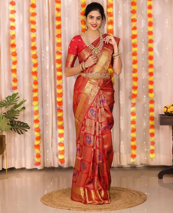 Gossamer Red Soft Banarasi Silk Saree With Imbrication Blouse Piece