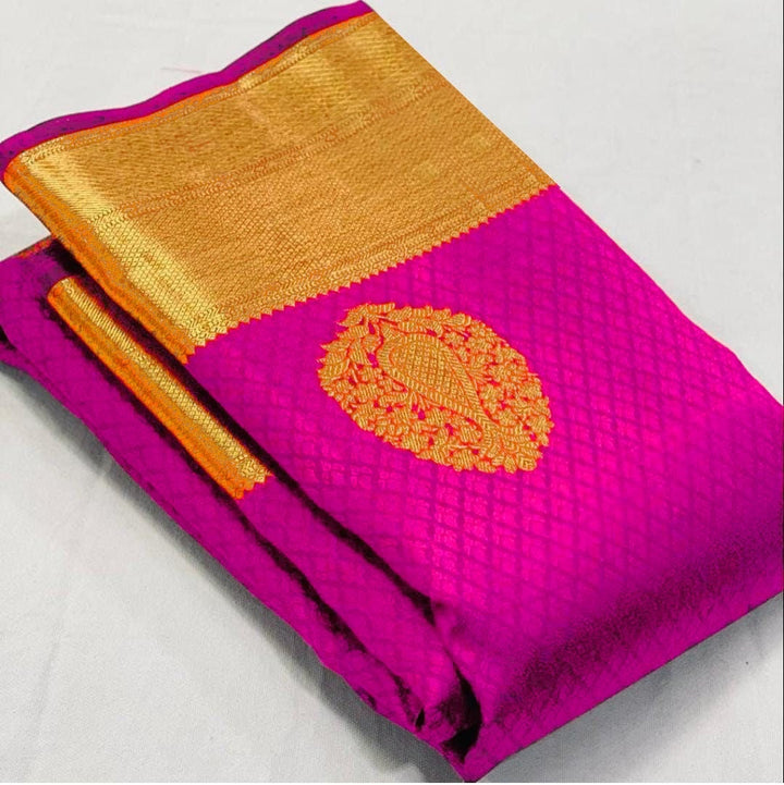 Enchanting Dark Pink Soft Banarasi Silk Saree With Lissome Blouse Piece