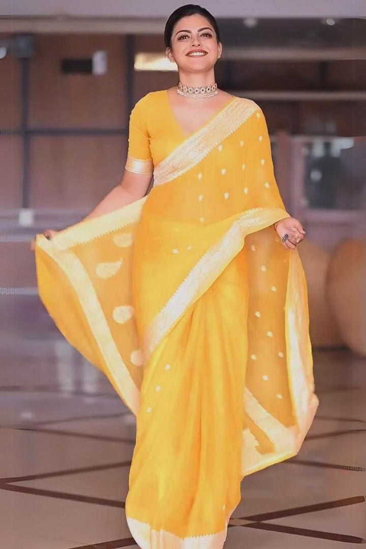 Exquisite Yellow Soft Silk Saree With Profuse Blouse Piece