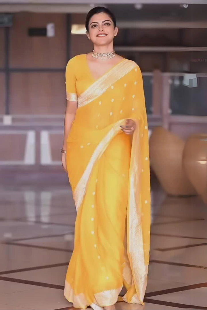 Exquisite Yellow Soft Silk Saree With Profuse Blouse Piece