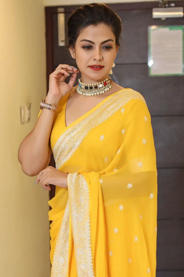 Exquisite Yellow Soft Silk Saree With Profuse Blouse Piece