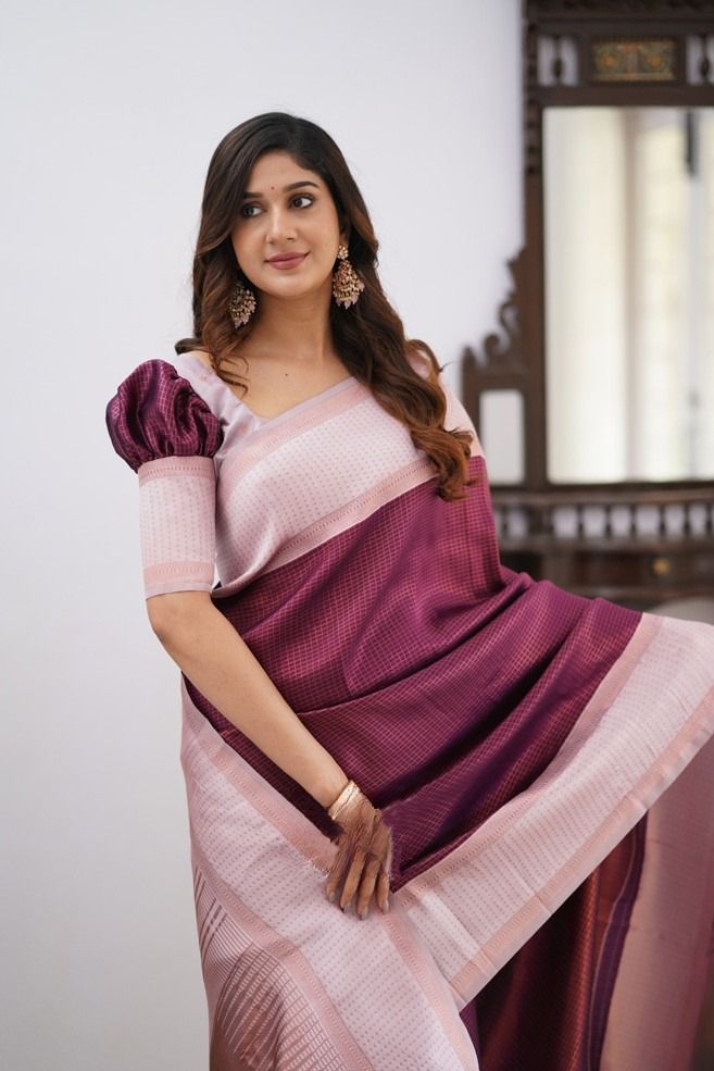 Entrancing Wine Soft Silk Saree With Stunner Blouse Piece