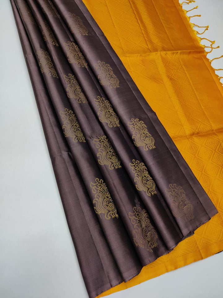 Flattering Brown Soft Silk Saree With Blooming Blouse Pieced