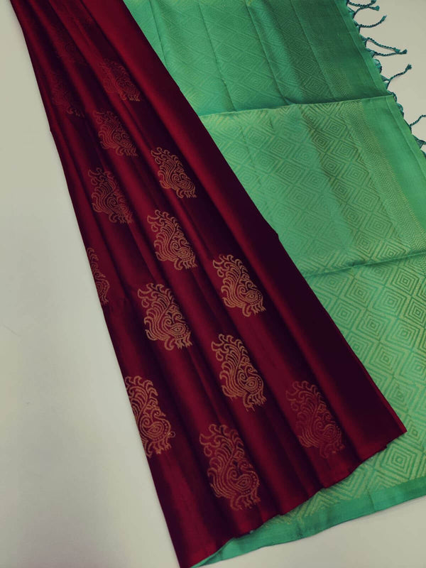 Chatoyant Wine Soft Silk Saree With Desuetude Blouse Pieced