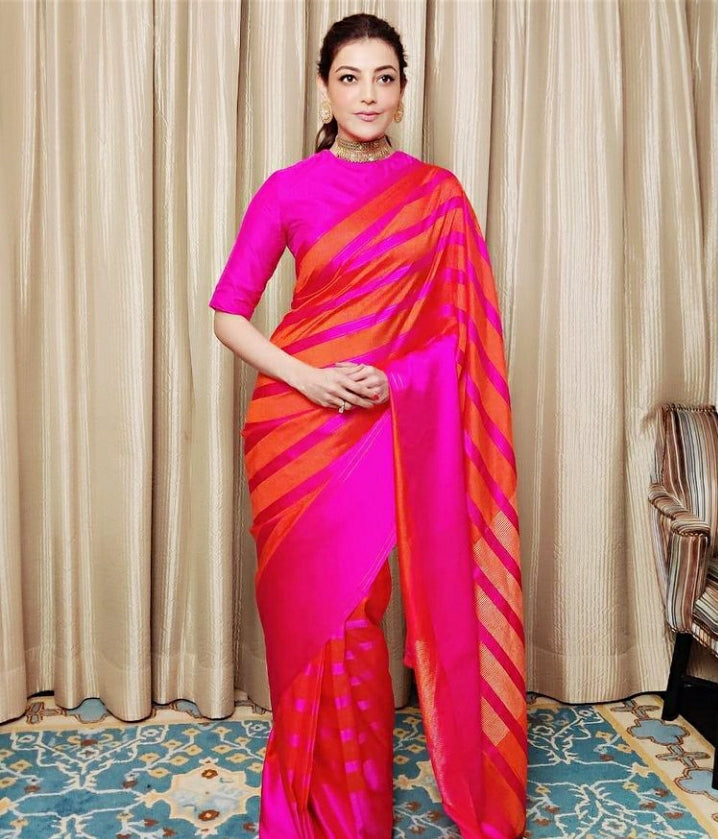 Kajol Pink Designer Banarasi Silk With Digital Printed Saree With Amazing Blouse Piece