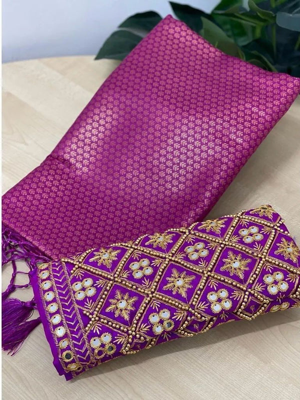 Innovative Purple Kanjivaram Silk Saree With Two Skinny Blouse Piece