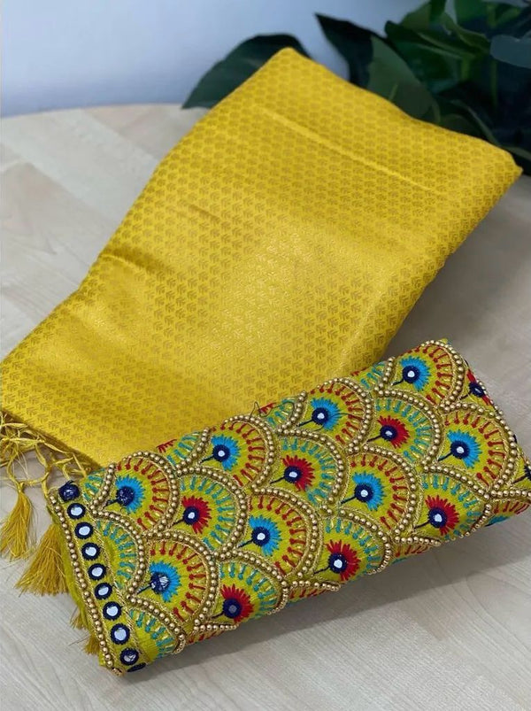 Prettiest Yellow Kanjivaram Silk Saree With Two Mellifluous Blouse Piece