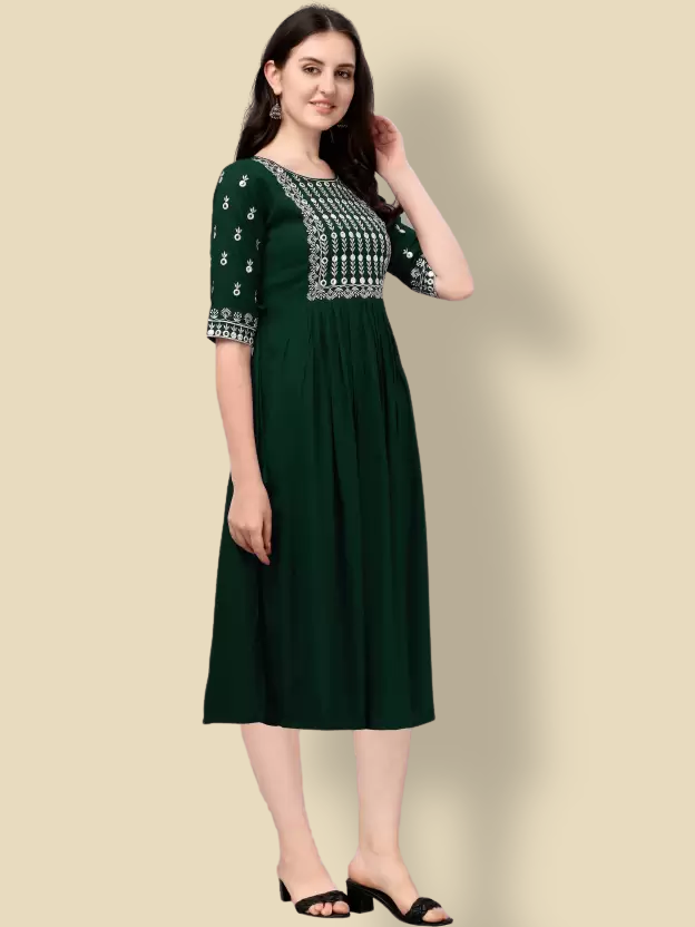 green embroidery work casual wear dress