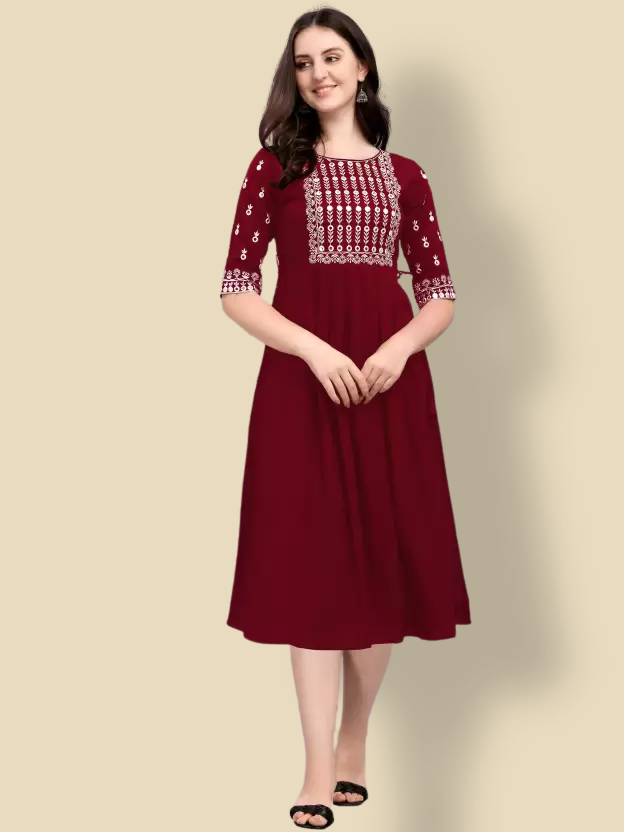 red embroidery work designer dress