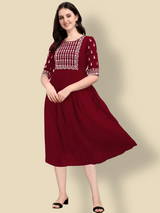 red designer embroidery work casual wear dress