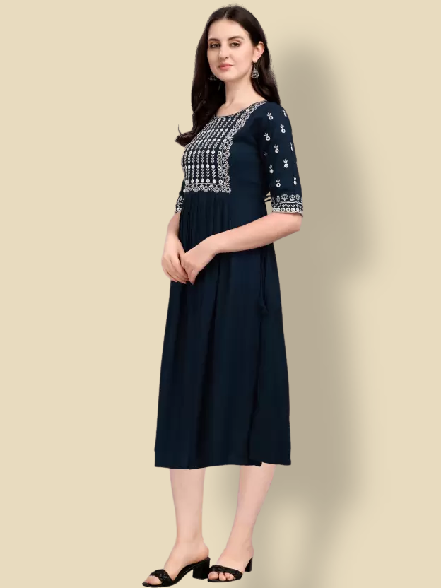 blue embroidery work casual dress