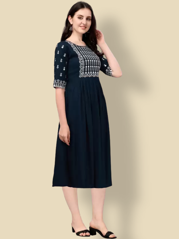 blue cotton embroidery work casual dress