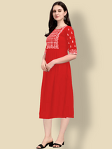 red cotton embroidery work kurti