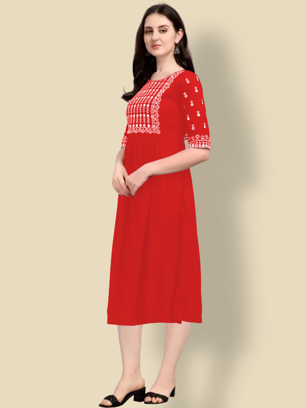 red cotton embroidery work kurti