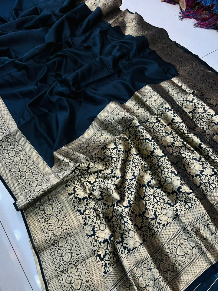 Gorgeous Navy Blue Soft Banarasi Silk Saree With Intricate Blouse Piece