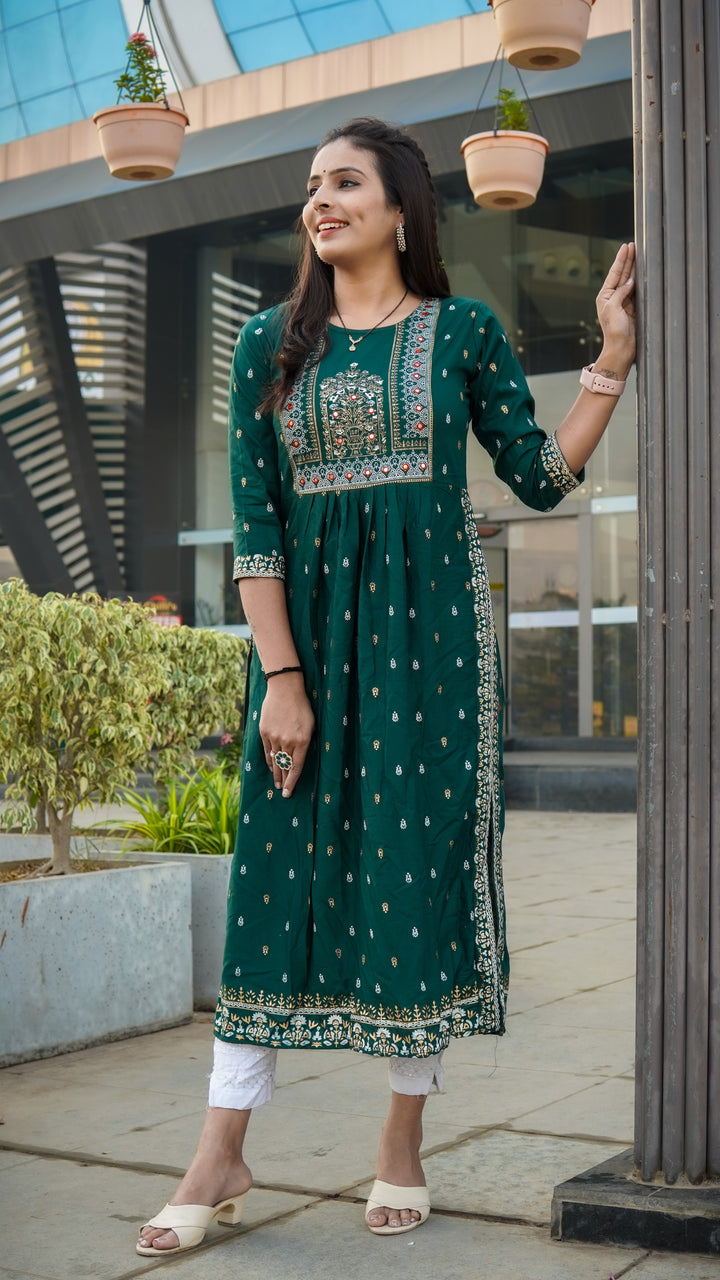 green Mirror work kurta set