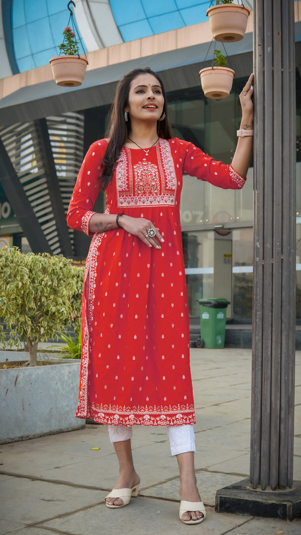 red designer casual wear cotton kurti