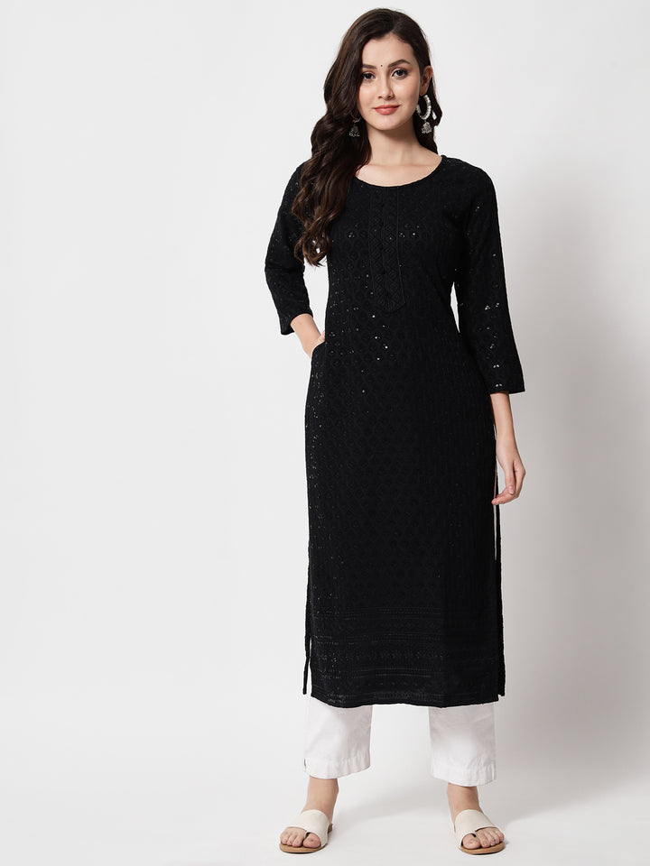 black rayon embroidery work kurti