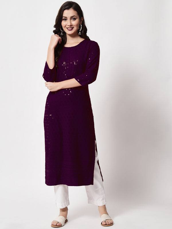 Purple Rayon Chinkara Kari Sequins Embroidered Work Straight Effortlessly Stylish Girls' Kurtis