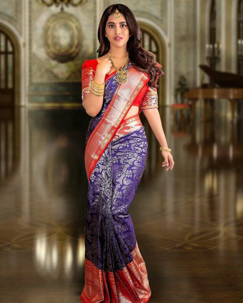 Blue Banarasi Silk With Jacquard Work Saree With Amazing Blouse Piece