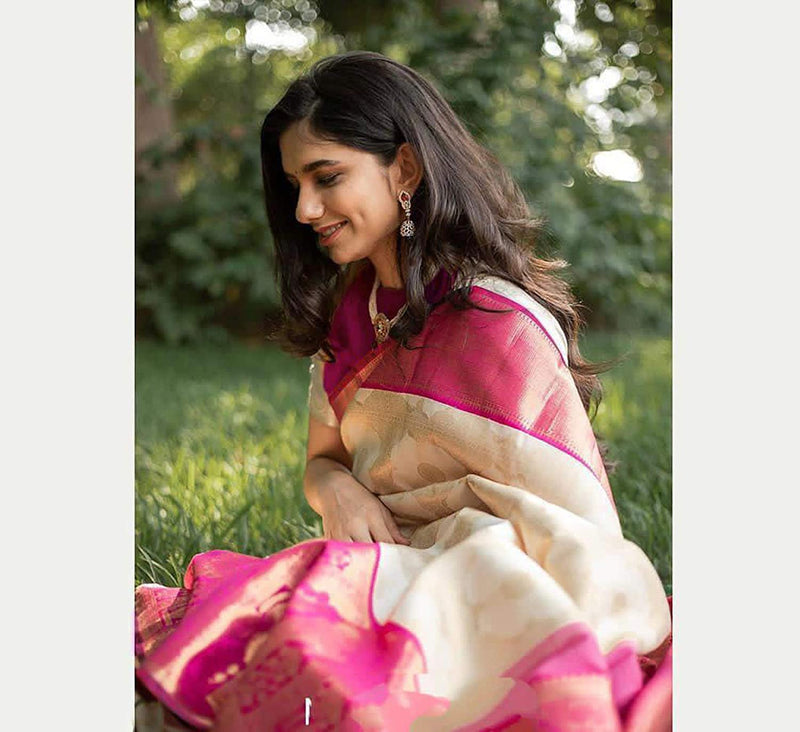 Cream Banarasi Silk With Jacquard Work Saree With Amazing Blouse Piece