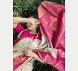 Cream Banarasi Silk With Jacquard Work Saree With Amazing Blouse Piece