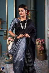 Black Designer Silk With Jacquard Work Saree With Attractive Blouse Piece