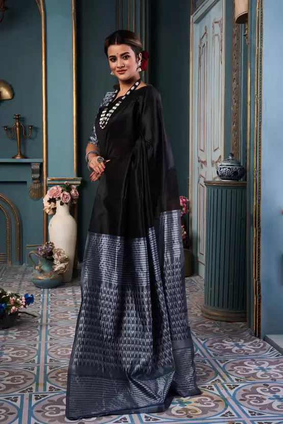 Black Designer Silk With Jacquard Work Saree With Attractive Blouse Piece