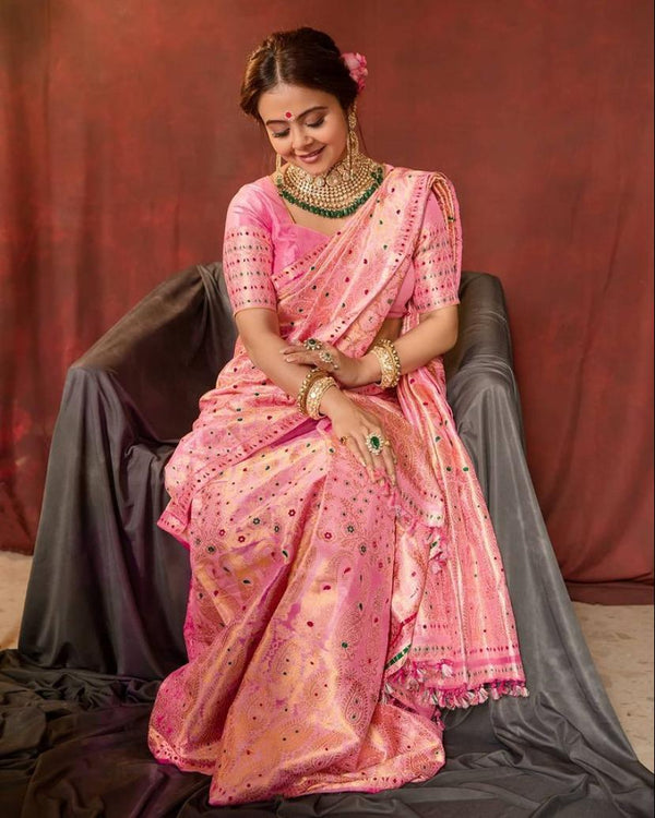 Pink Silk With Jacquard Work Saree With Amazing Blouse Piece