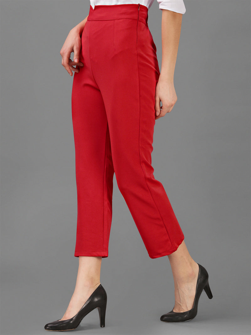 Red  Cotton Lycra Jeans With Pocket