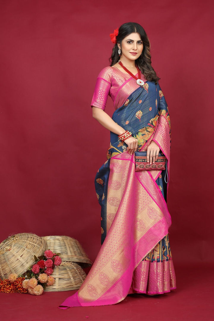 Delectable Blue Soft Silk Saree With Vestigial Blouse Piece