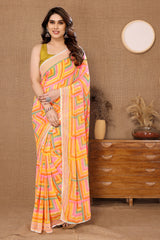 Yellow Designer Multicolor Georgette Ready To Wear Saree With Attractive Banglori Blouse