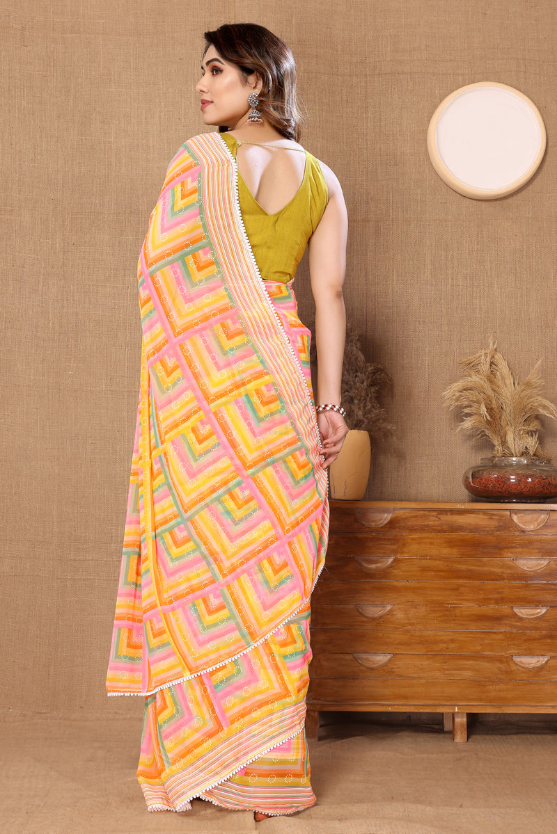 Yellow Designer Multicolor Georgette Ready To Wear Saree With Attractive Banglori Blouse