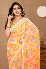 Yellow Designer Multicolor Georgette Ready To Wear Saree With Attractive Banglori Blouse