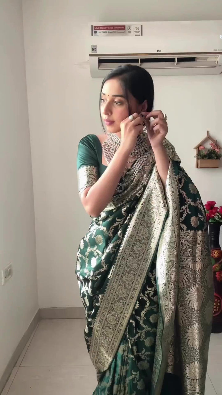 Gorgeous 1-Minute Ready To Wear Green Soft Silk Saree