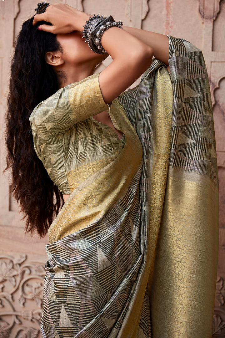 Gorgeous Grey Digital Printed Soft Silk Saree With Vibrant Blouse Piece