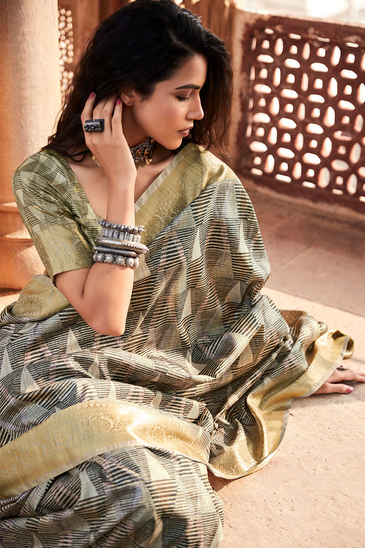 Gorgeous Grey Digital Printed Soft Silk Saree With Vibrant Blouse Piece