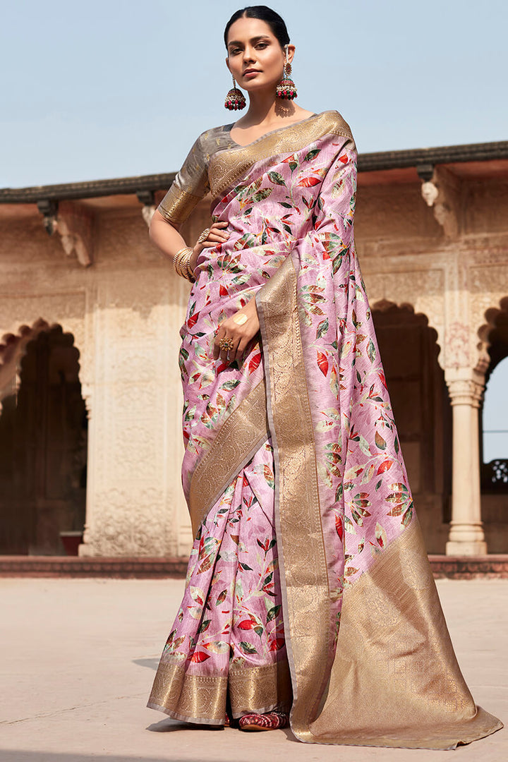 Palimpsest Baby Pink Digital Printed Soft Silk Saree With Winsome Blouse Piece