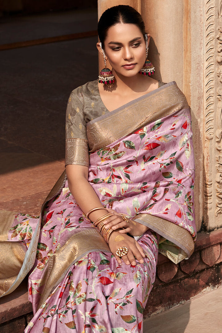 Palimpsest Baby Pink Digital Printed Soft Silk Saree With Winsome Blouse Piece