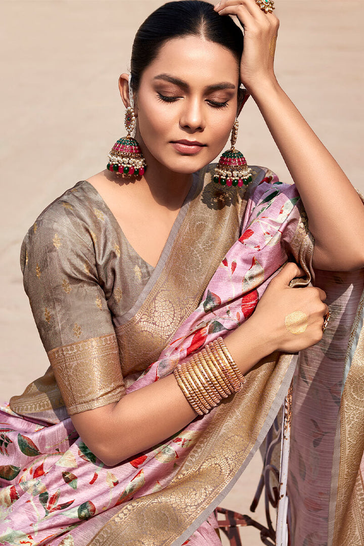 Palimpsest Baby Pink Digital Printed Soft Silk Saree With Winsome Blouse Piece