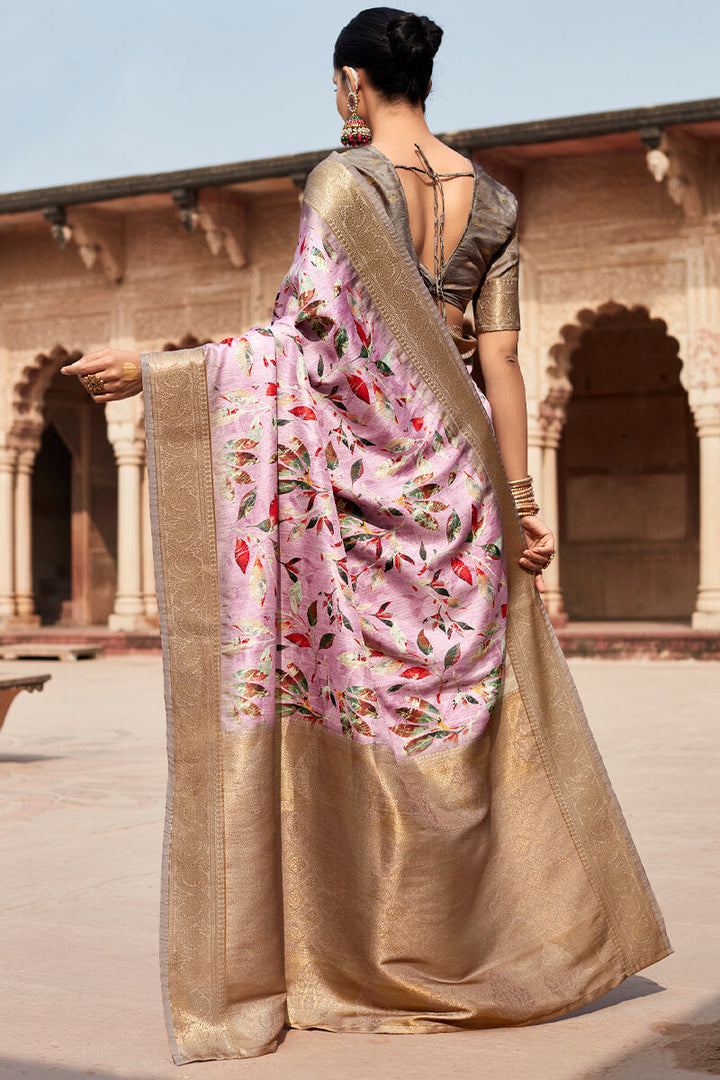 Palimpsest Baby Pink Digital Printed Soft Silk Saree With Winsome Blouse Piece