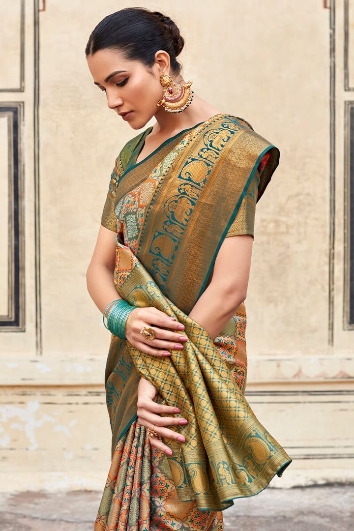 Intricate Rama Digital Printed Soft Silk Saree With Ravishing Blouse Piece