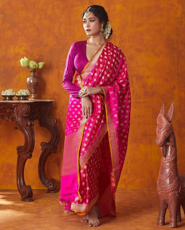 Pink Silk With Jacquard Work Saree With Amazing Blouse Piece