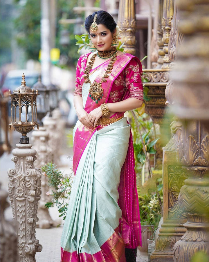 Luxuriant Sea Green Soft Banarasi Silk Saree With Smashing Blouse Piece