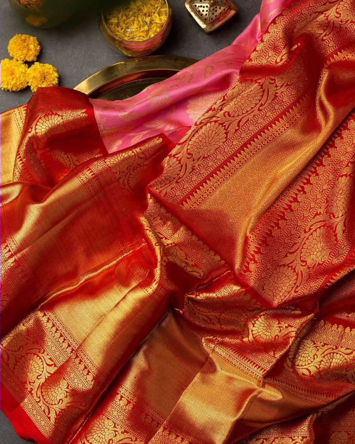 Glowing Pink Soft Banarasi Silk Saree With Beautiful Blouse Piece