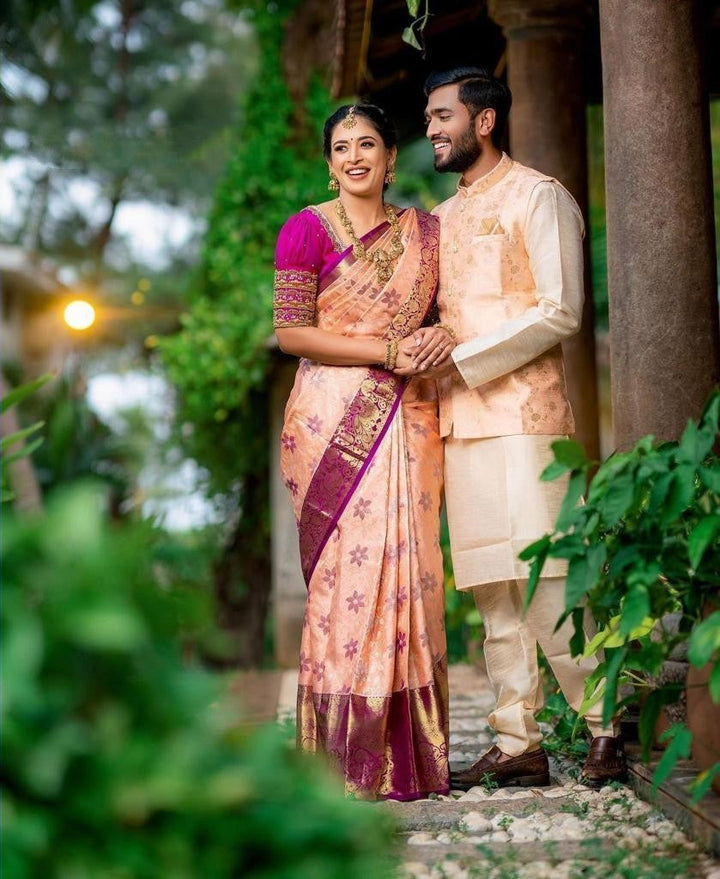 Attractive Peach Soft Banarasi Silk Saree With Lovely Blouse Piece