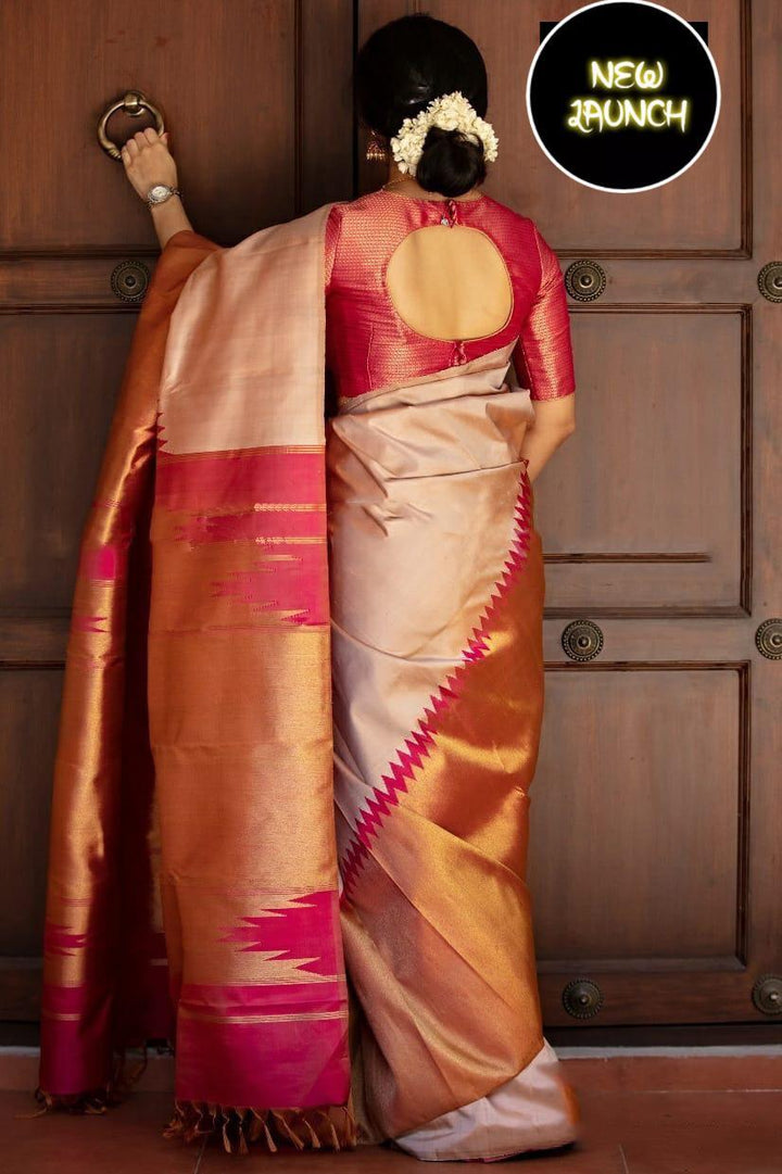 Fantabulous Beige Soft Silk Saree With Snazzy Blouse Piece