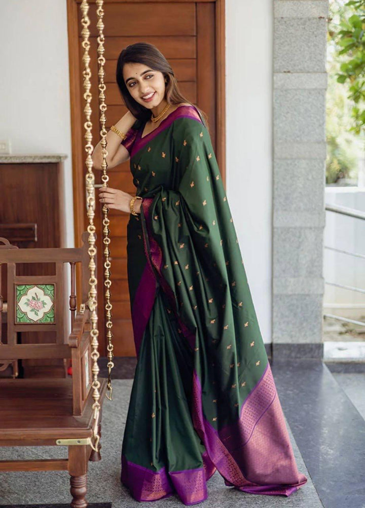 Precious Green Soft Silk Saree With Energetic Blouse Piece