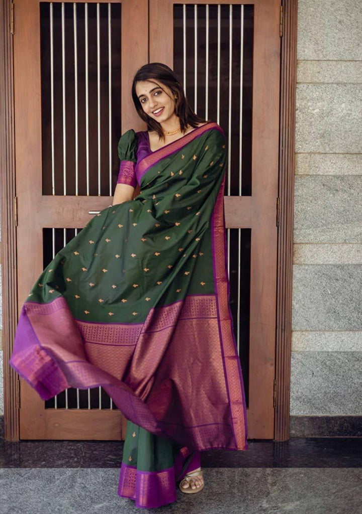 Precious Green Soft Silk Saree With Energetic Blouse Piece