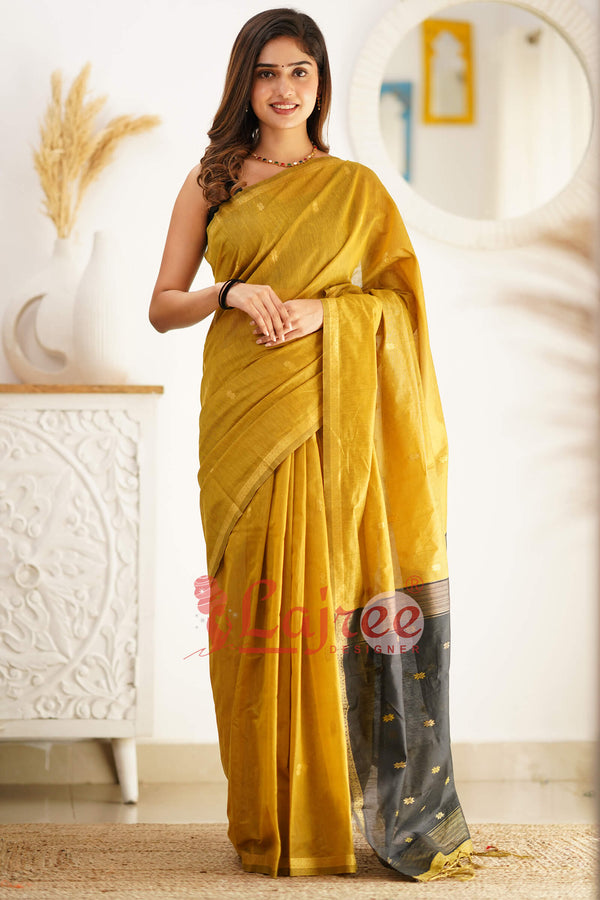 Glowing Mehndi Cotton Silk Saree With Attractive Blouse Piece